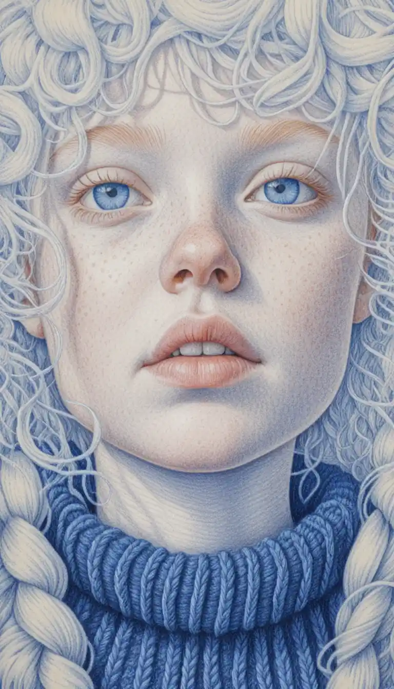 Albino girl portrait drawing in blue ink on cream paper