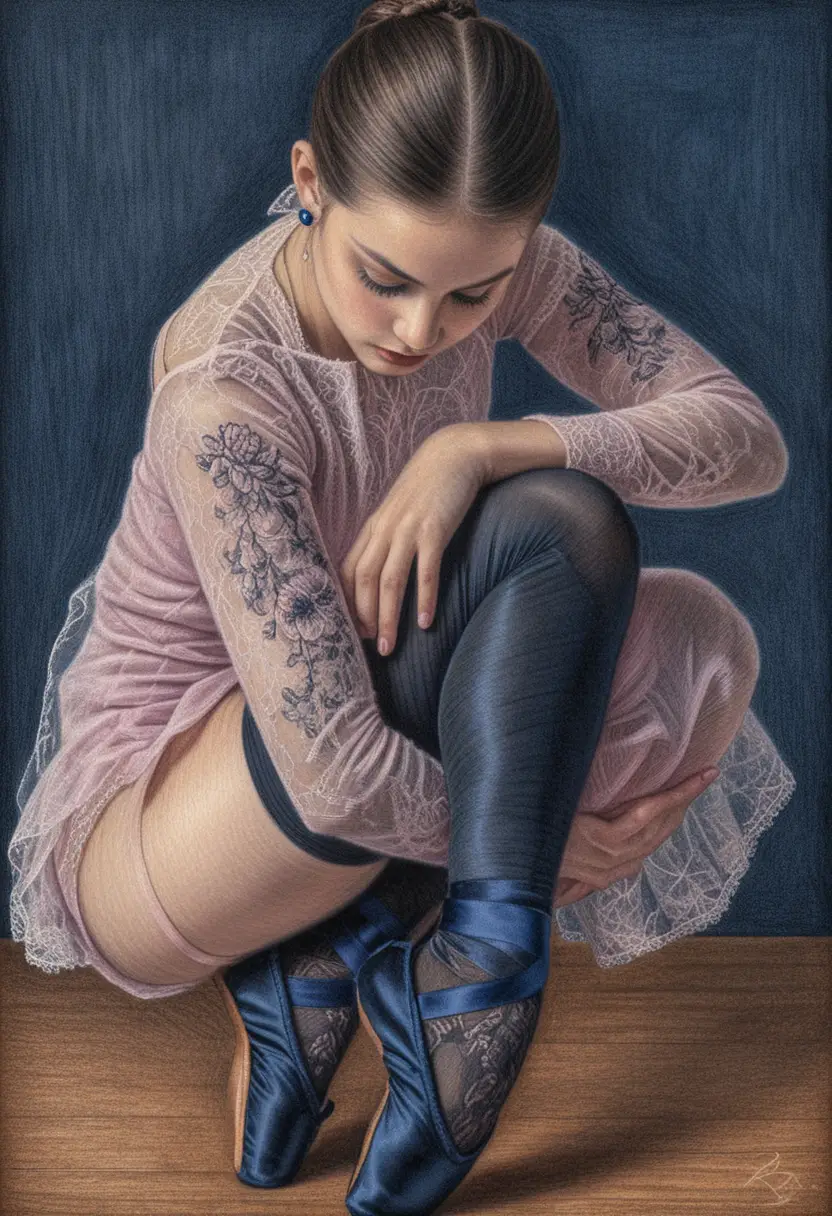 Young ballerina crouched on wooden floor in dramatic light