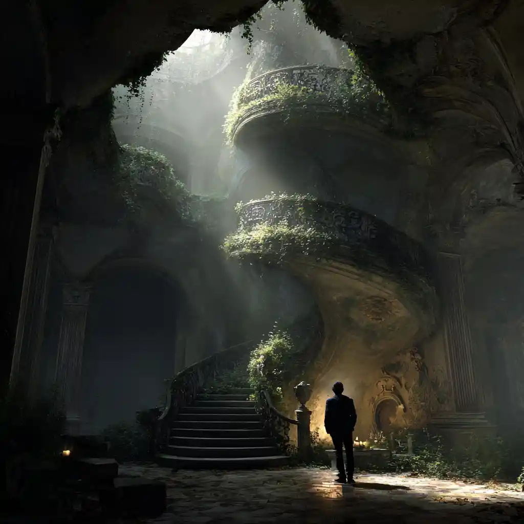 Lone figure in haunted venetian palazzo with grand staircase