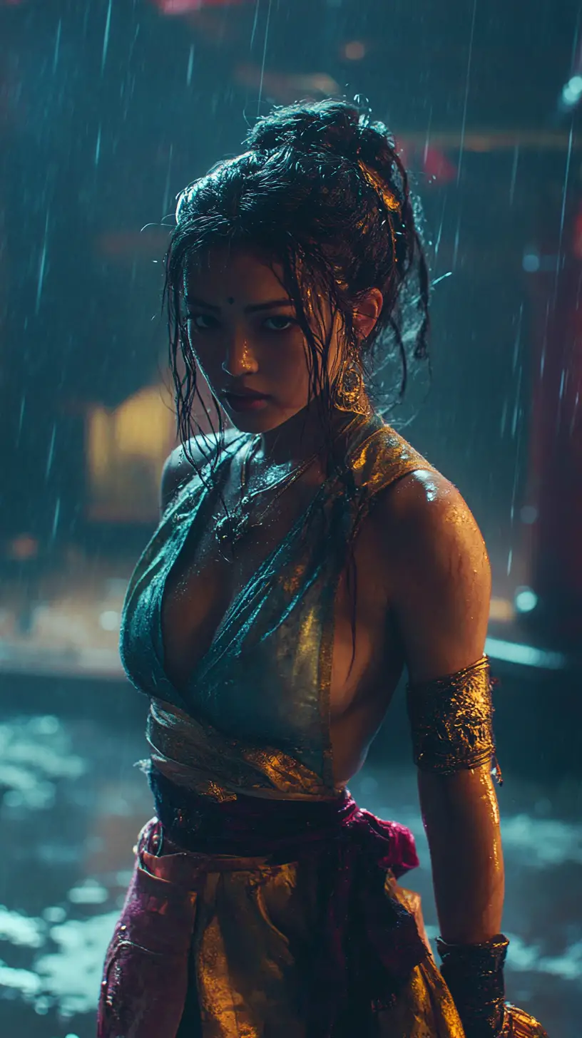 Anime warrior princess dancing on a dark stage