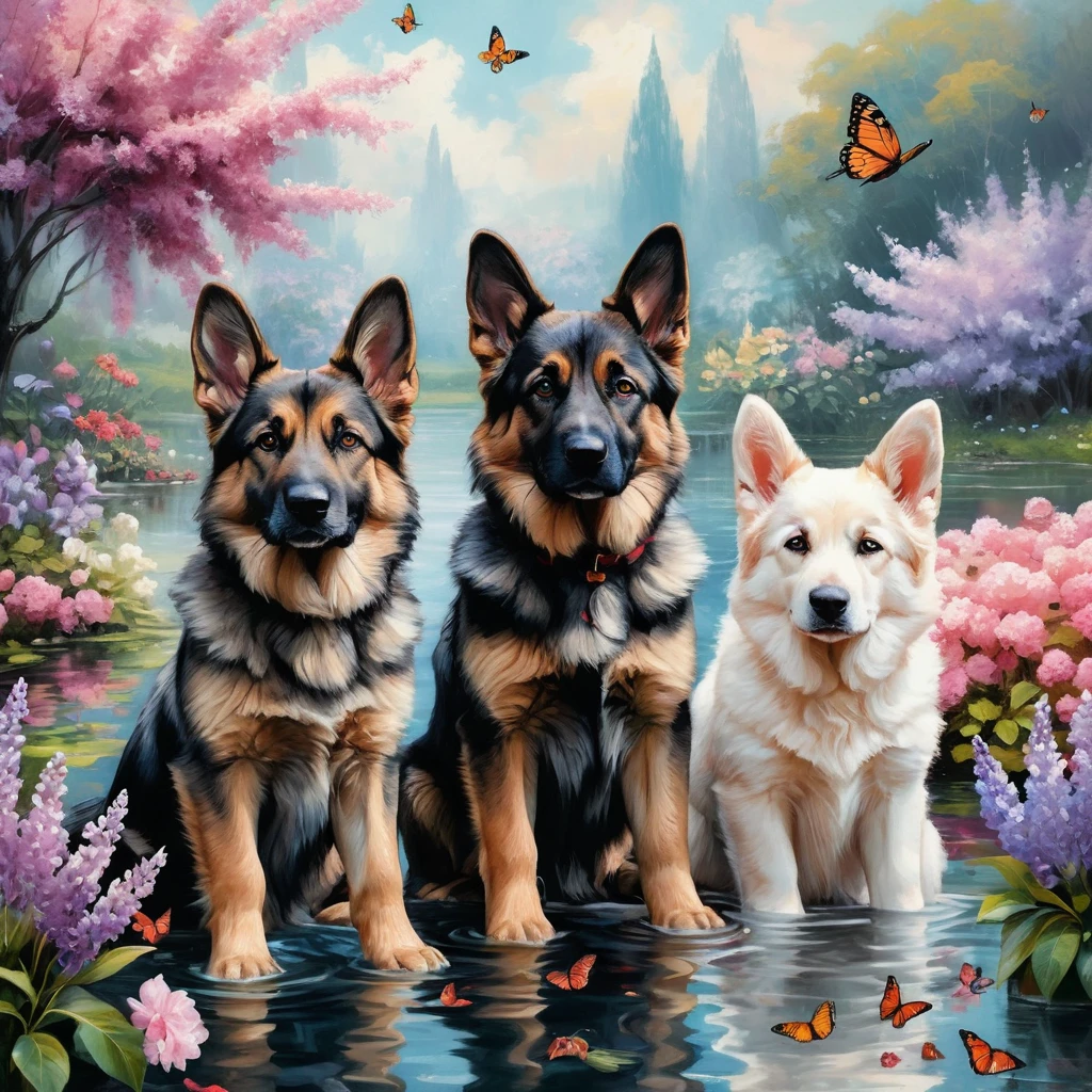 Playful german shepherd puppies in a dreamy spring garden