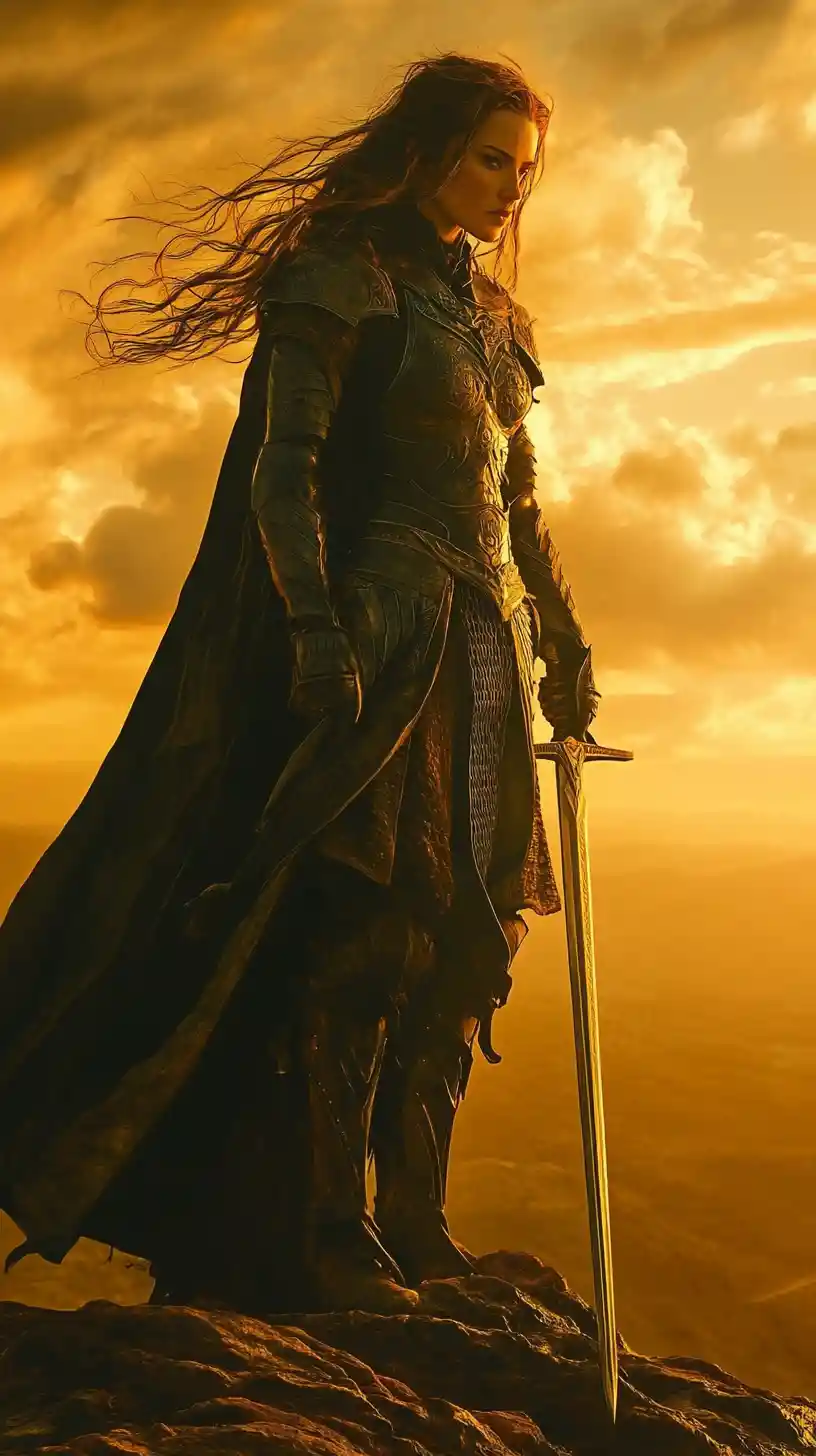 Close up of a female warrior on a sunlit hill