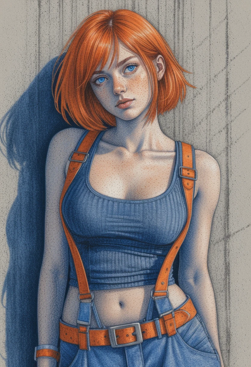 Donna anime con outfit tattico arancione contro un muro di cemento