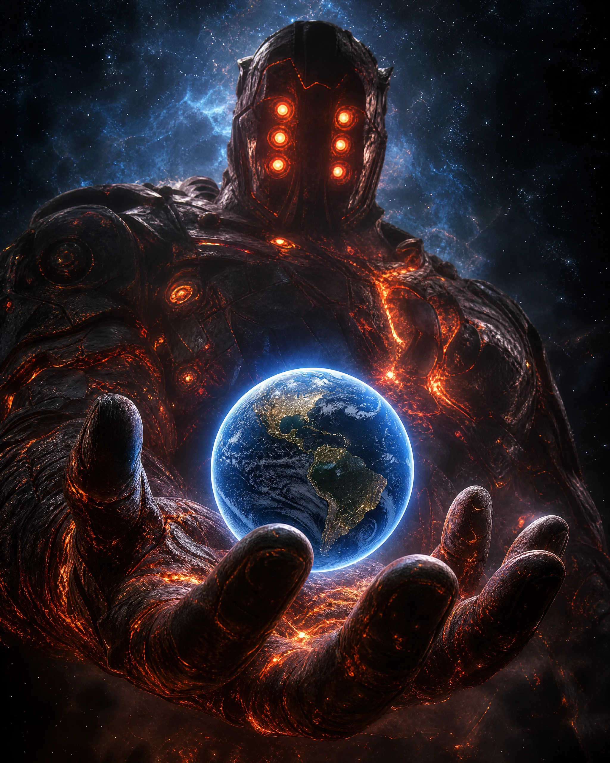 Colossal volcanic mech titan holding a glowing Earth in space
