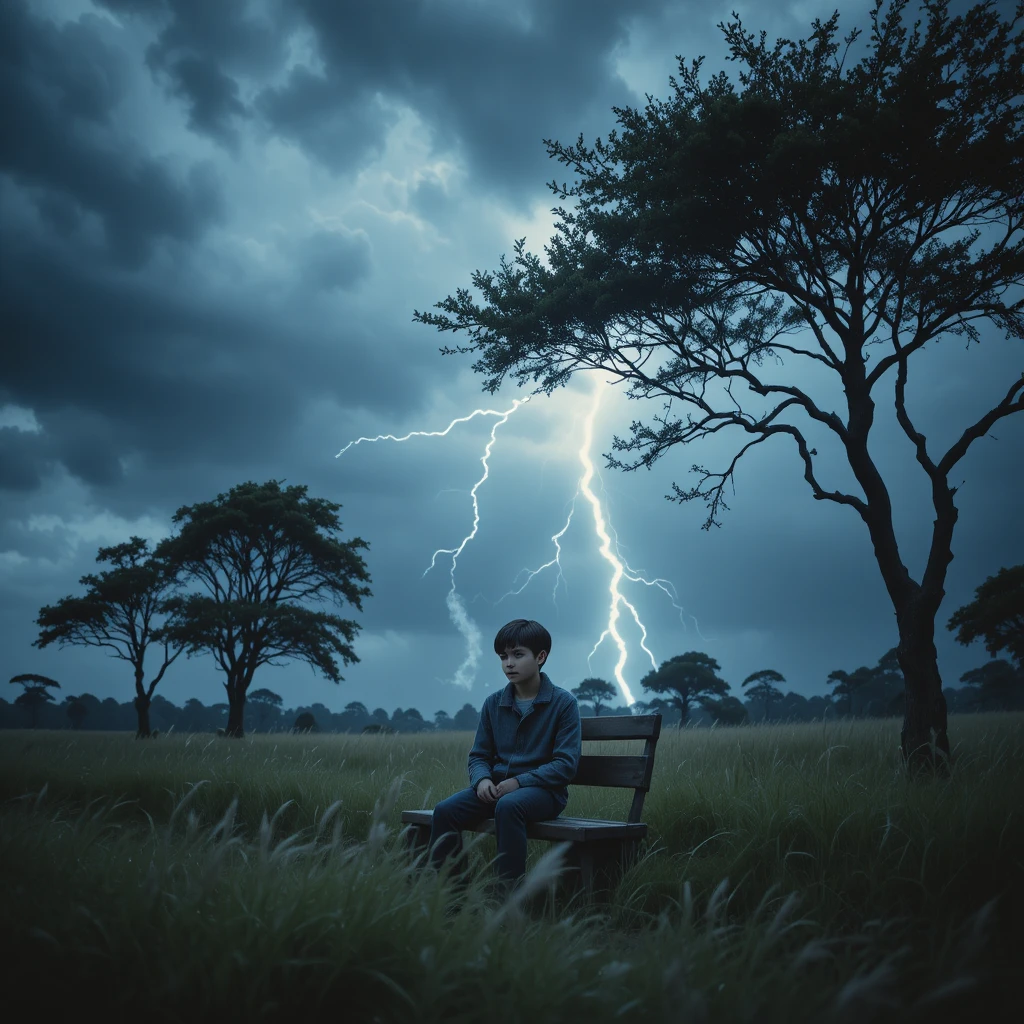 Boy on a wooden bench in a stormy open meadow