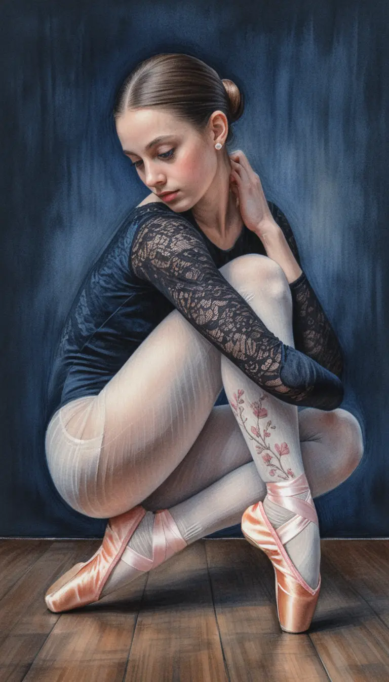 Ballerina crouched on wooden floor in dramatic chiaroscuro