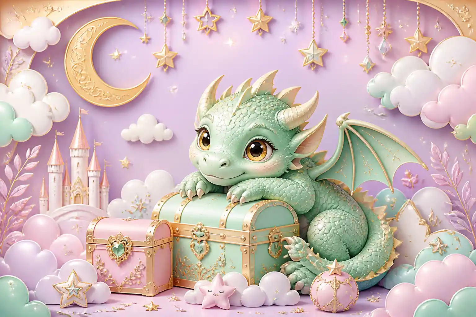 Cute Baby Dragon Nursery Art With Pastel Treasure Chests