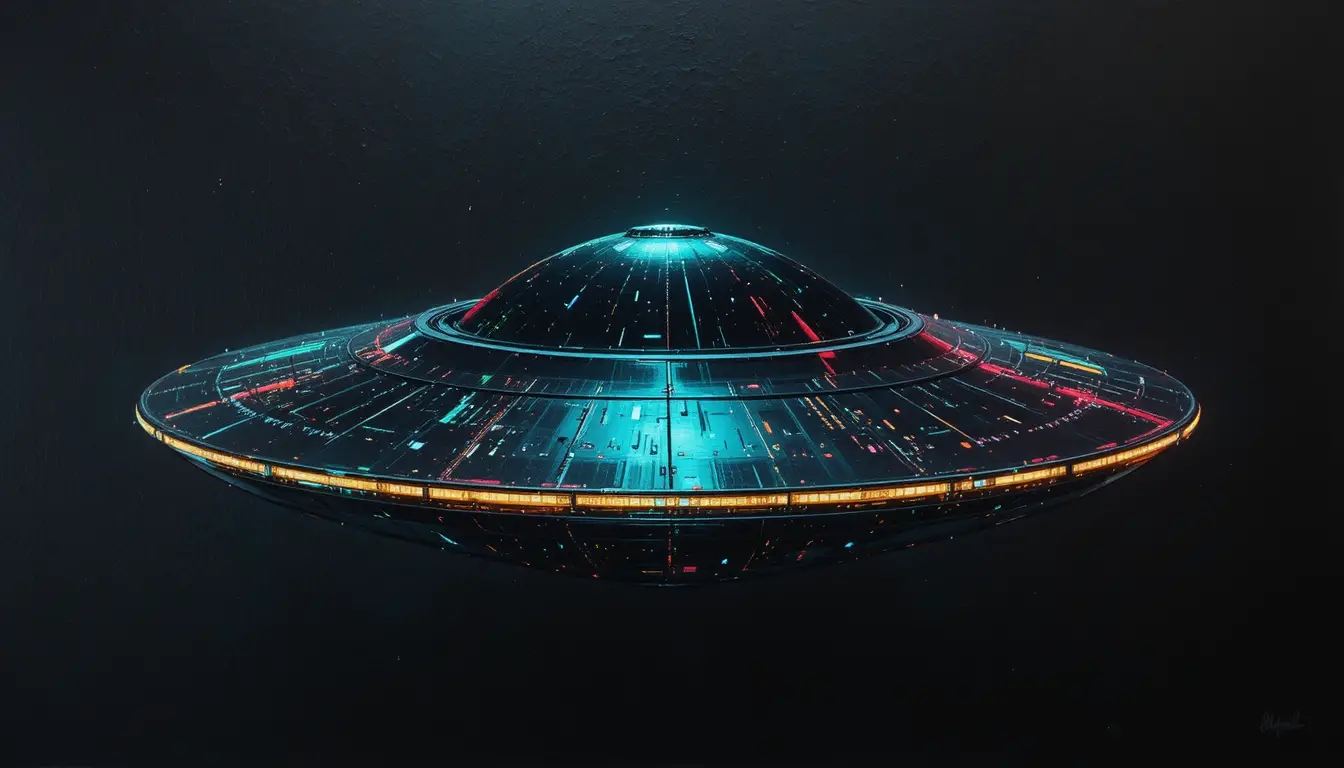 UFO retro futuristico illuminato al neon che fluttua nello spazio nero profondo