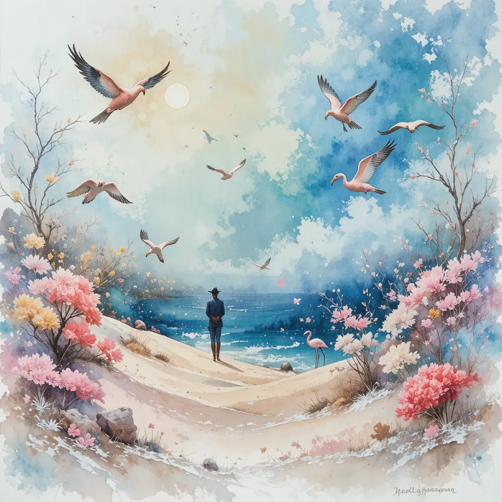 Impression aquarelle onirique avec texte poétique superposé