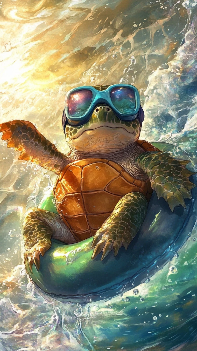 Verspielte Schildkröte auf einem Schwimmring im Meer