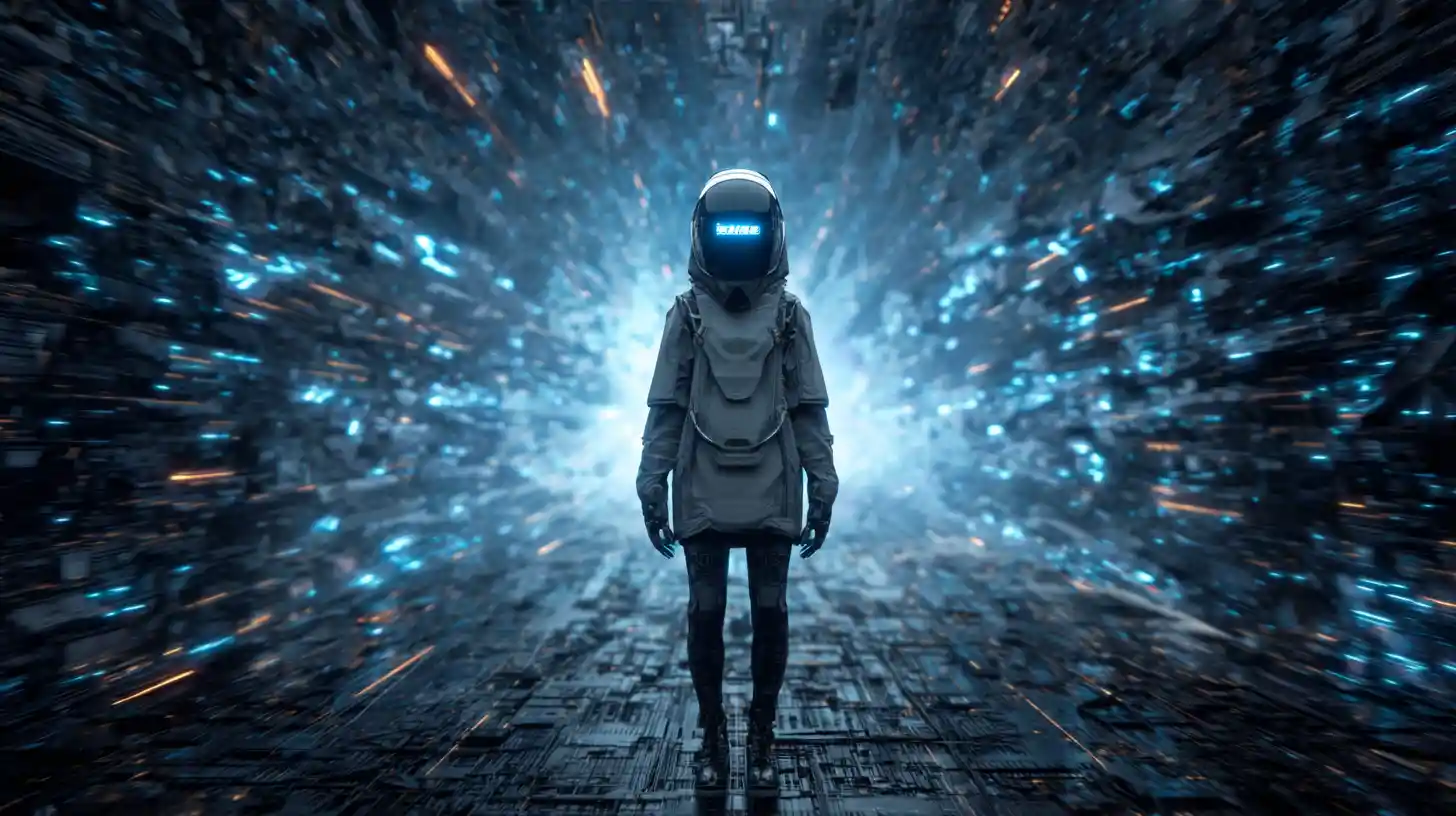 Futuristic man in black armor in apocalyptic landscape