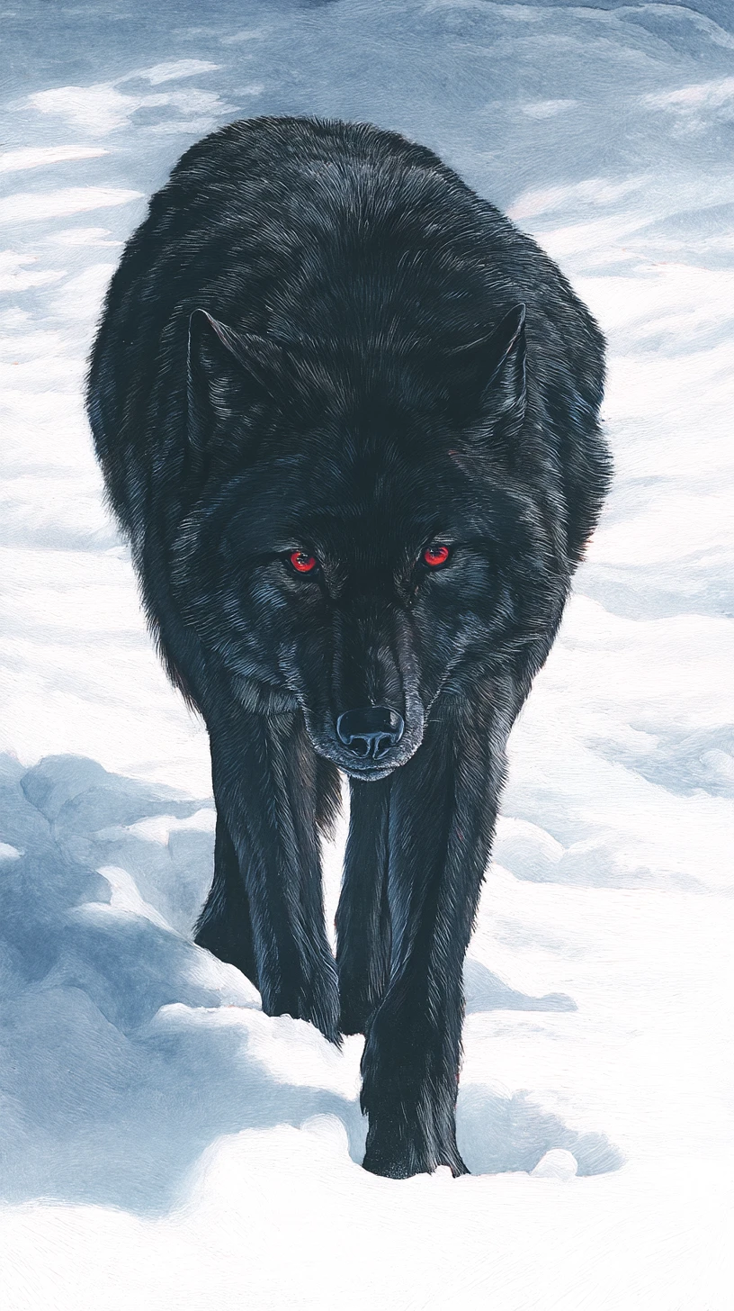 Black wolf with red eyes walking across snowy landscape