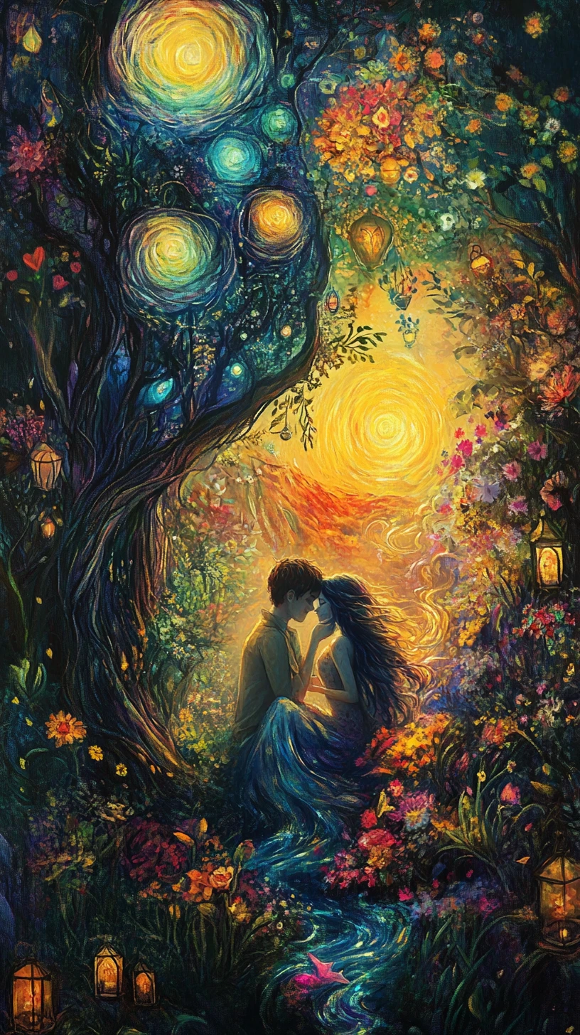 Fantasy couple of fire and water in glowing sunset garden