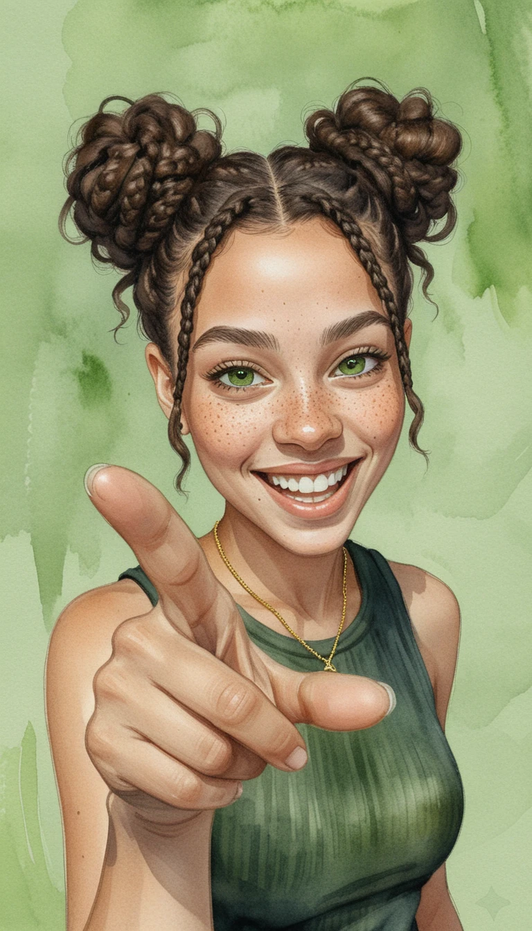 Playful girl caricature portrait pointing toward the viewer