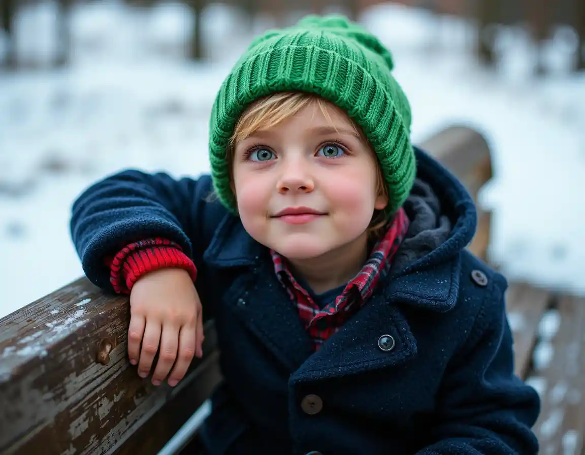 Playful young boy in green hat on outdoor wooden bench