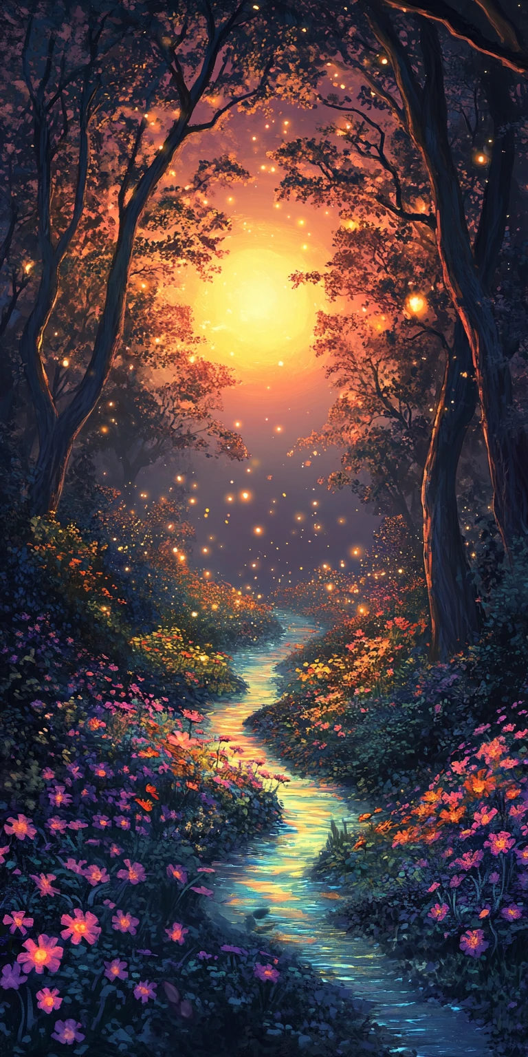 Glowing Wildflower Field And Luminous River At Twilight