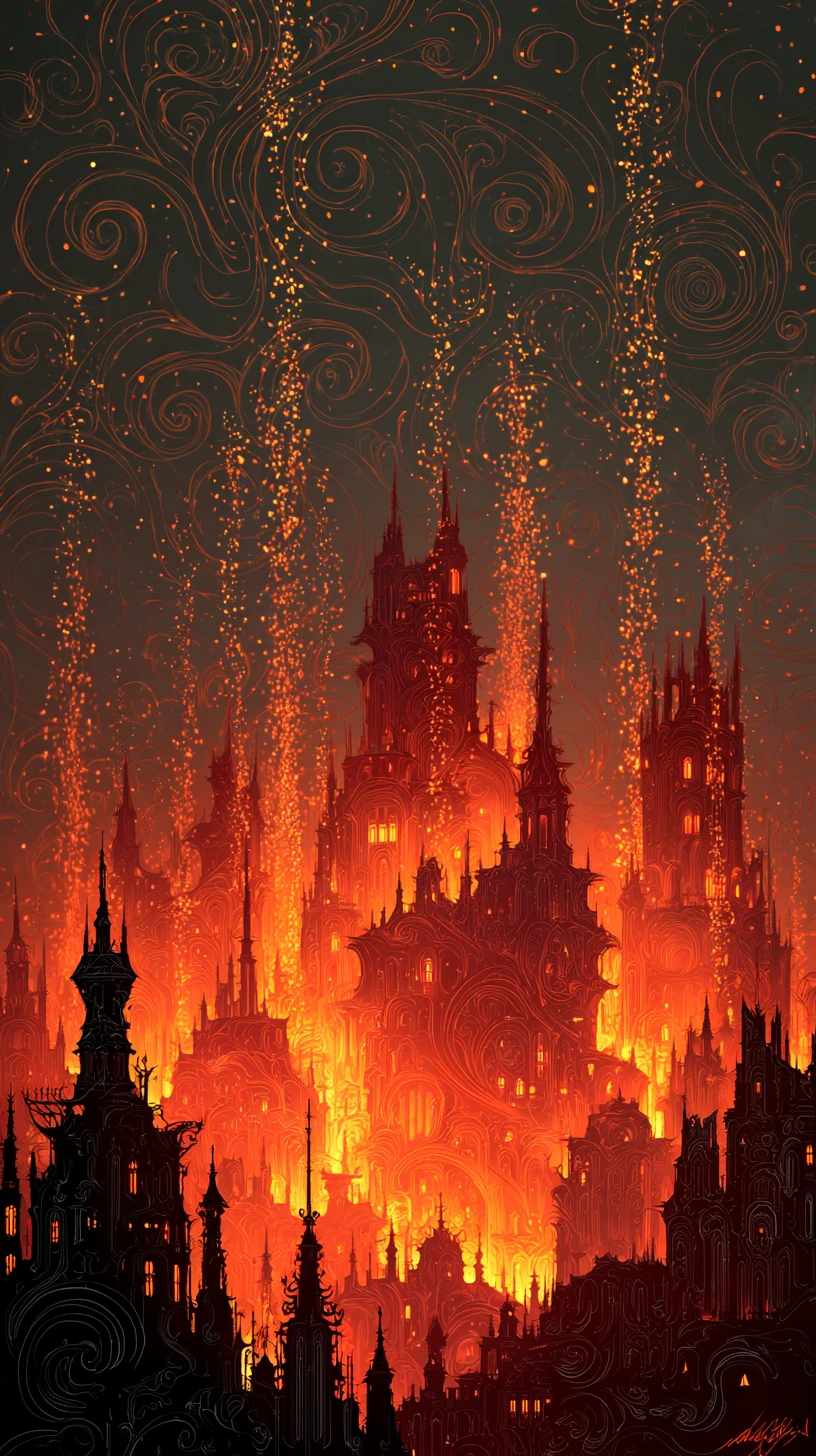 Feminine silhouette with glowing fantasy city and swirling embers
