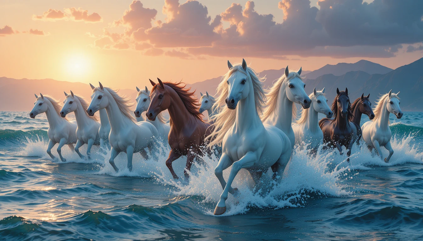 Unicorn herd galloping through a glowing sunset ocean