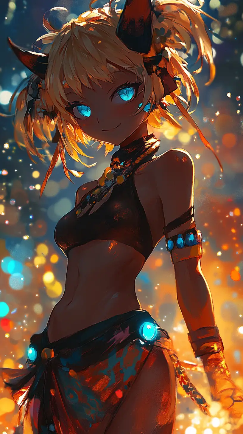Anime warrior princess dancing on a dimly lit stage