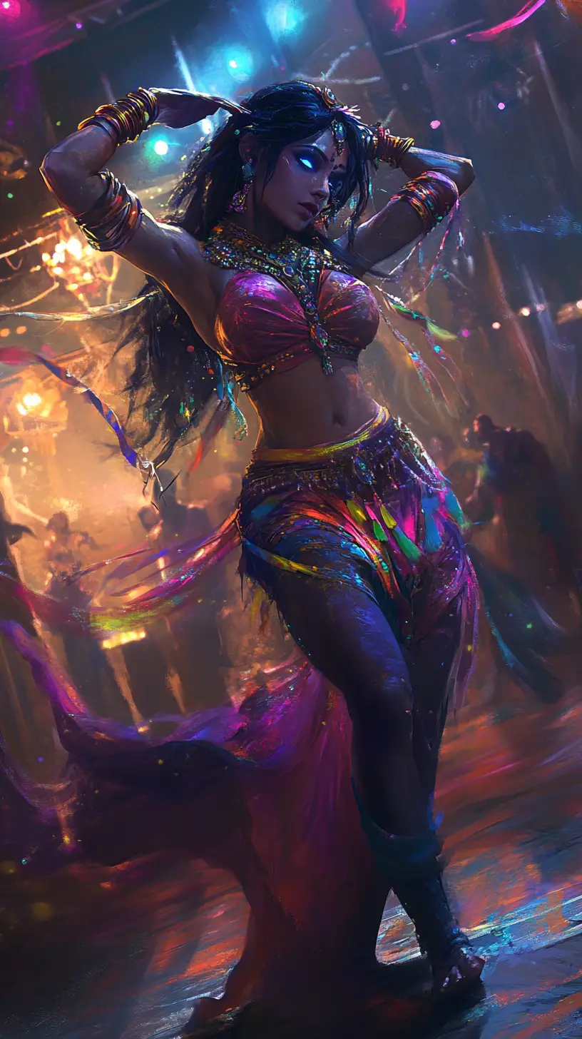 Anime warrior princess dancing alone on a dark stage
