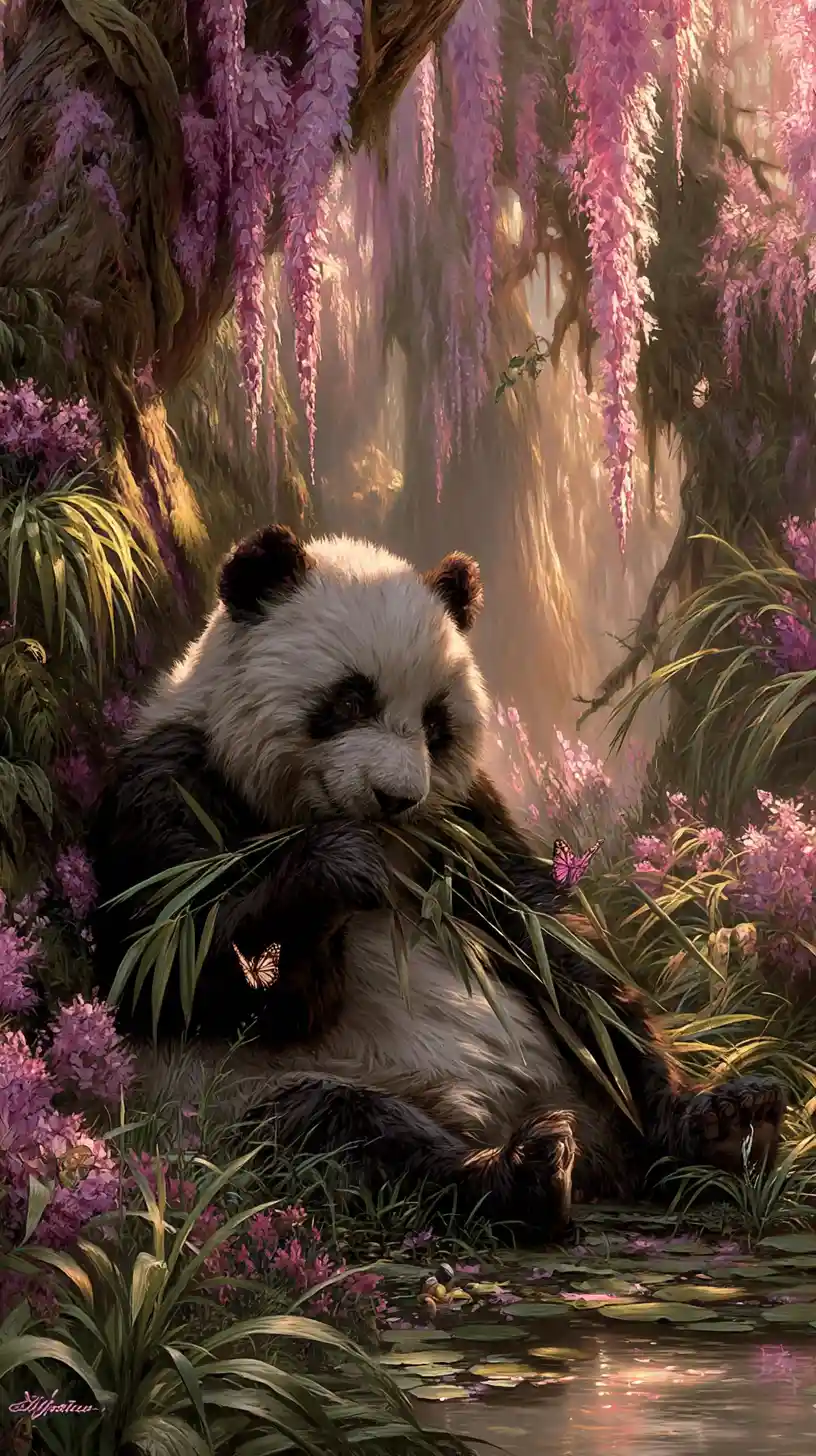 Contented panda eating bamboo beneath a blooming tree