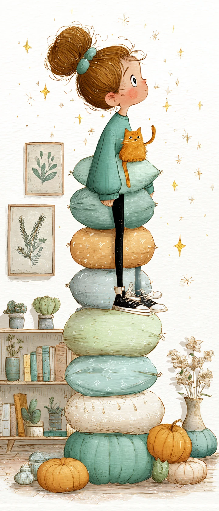 Niña pequeña equilibrando cojines en tonos pastel con un gato curioso