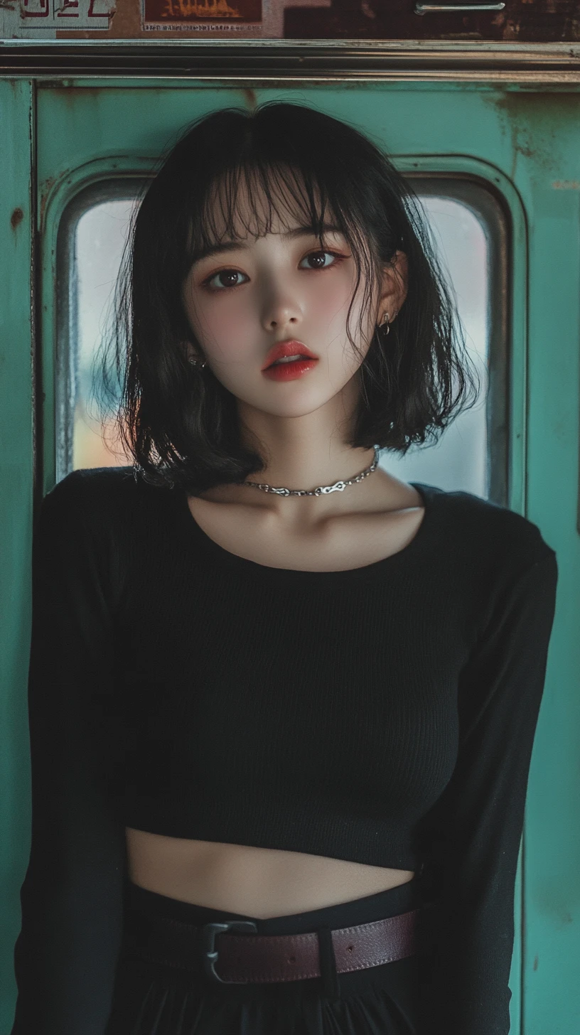 Anime girl leaning on vintage green school lockers