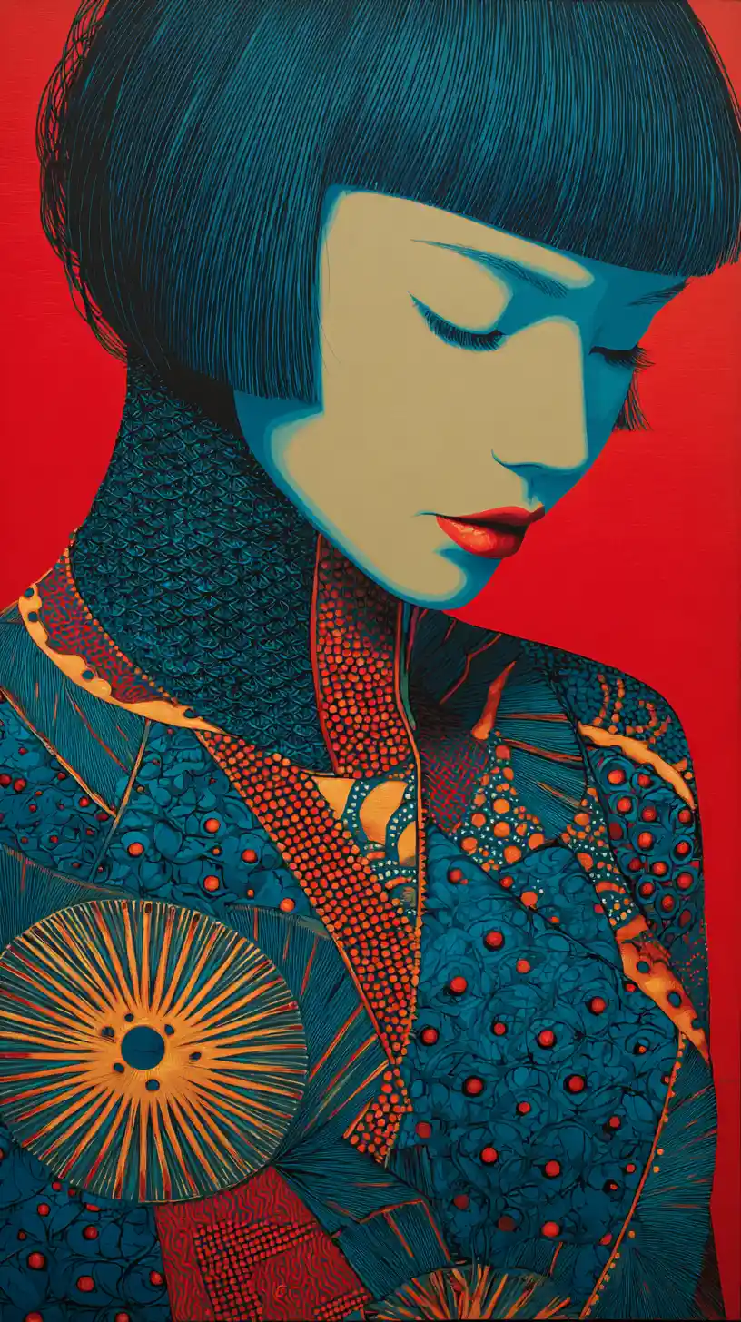 Stylized portrait of a woman in patterned blue and red garment