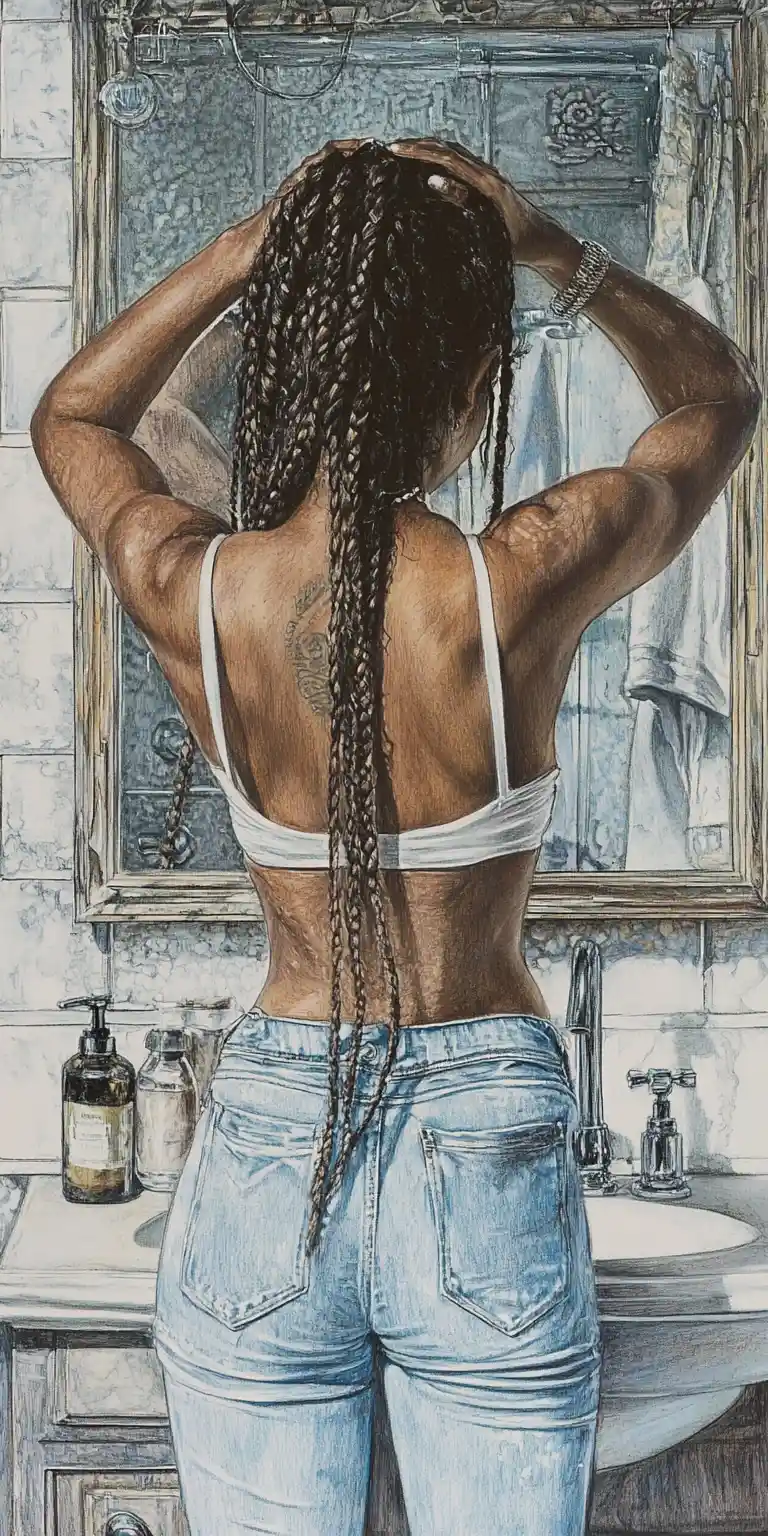 Young woman adjusting box braids in bathroom mirror