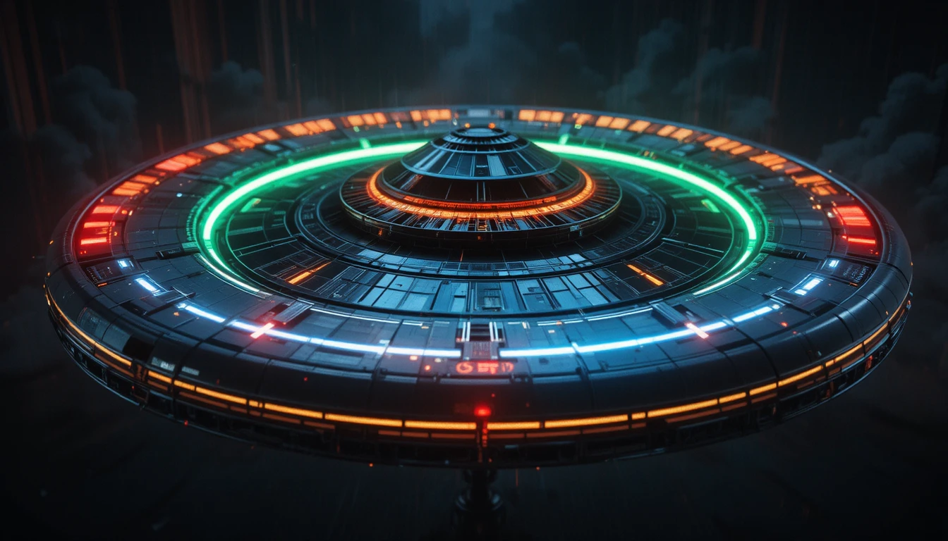 Retro futuristic flying saucer with neon colored lights