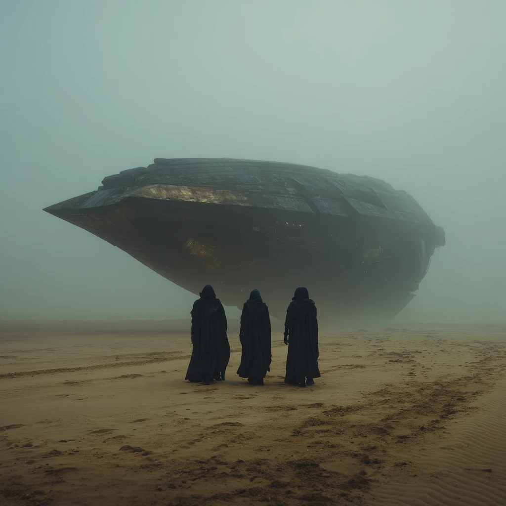 Cinematic sci fi spaceships over a distant alien world