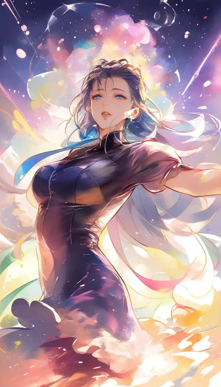 Exhausted anime princess dancing on a dimly lit stage