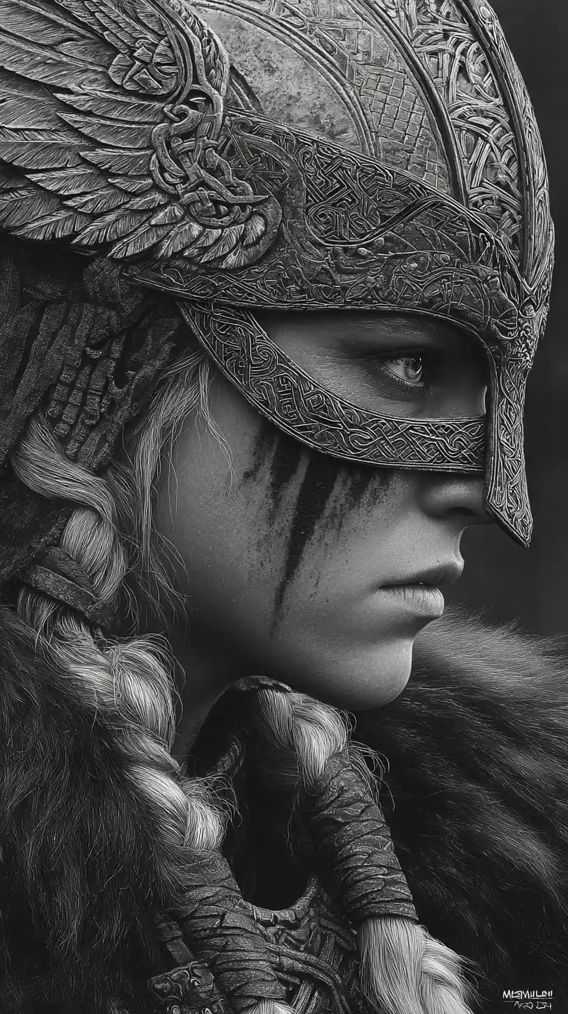 Fierce Viking warrior woman in dramatic close up portrait