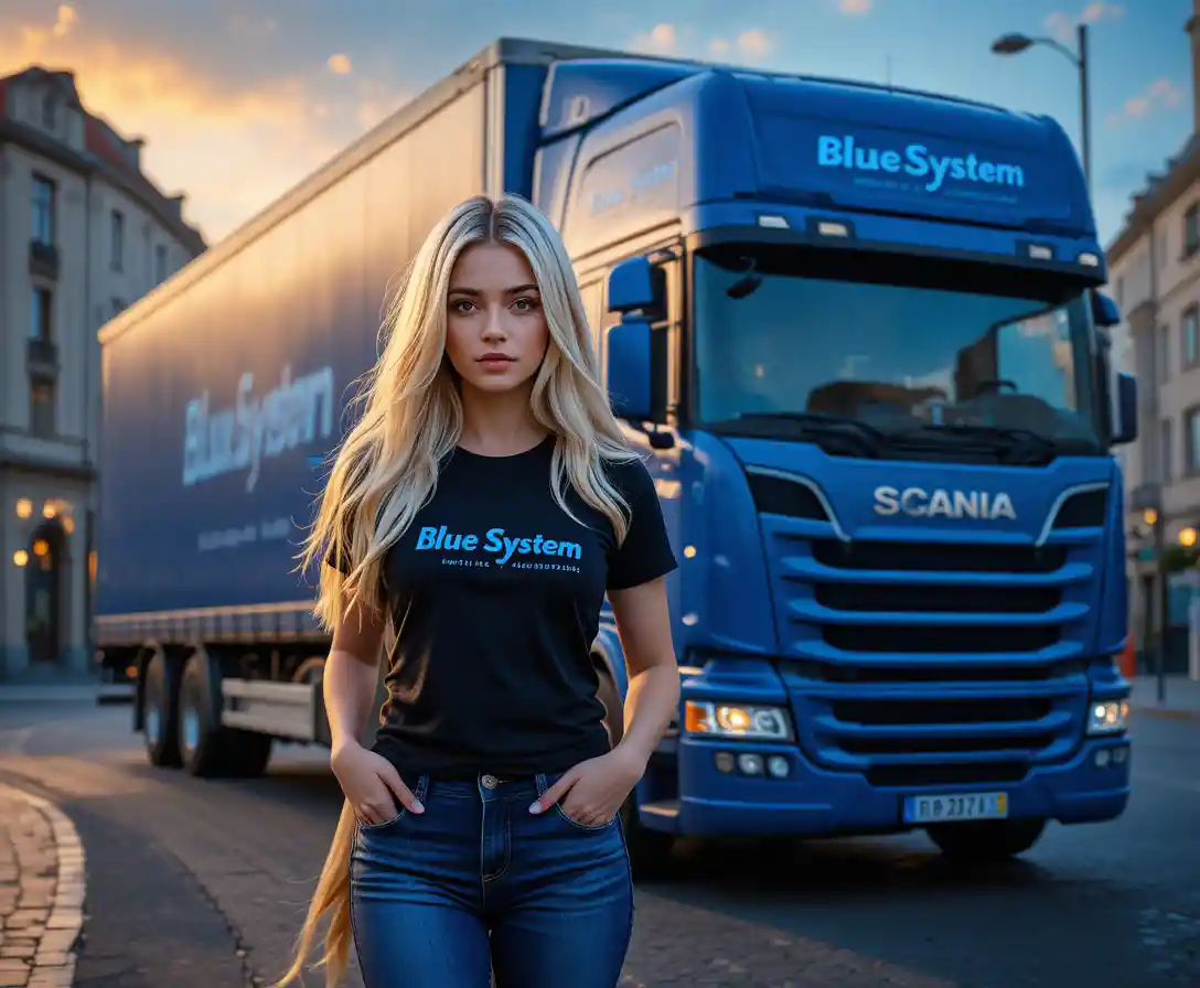 Blonde girl beside blue truck in downtown Vienna