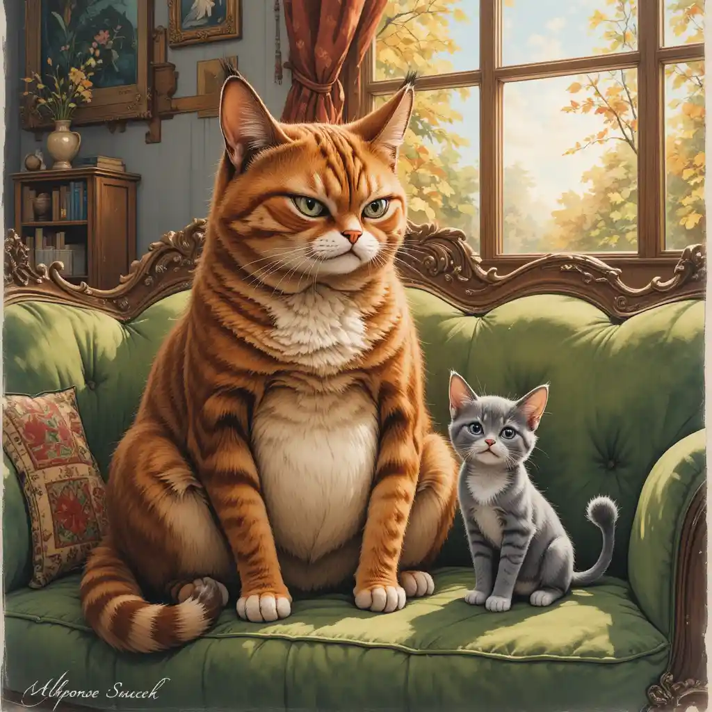 Grumpy Red Tabby Cat And Happy Kitten On Green Sofa