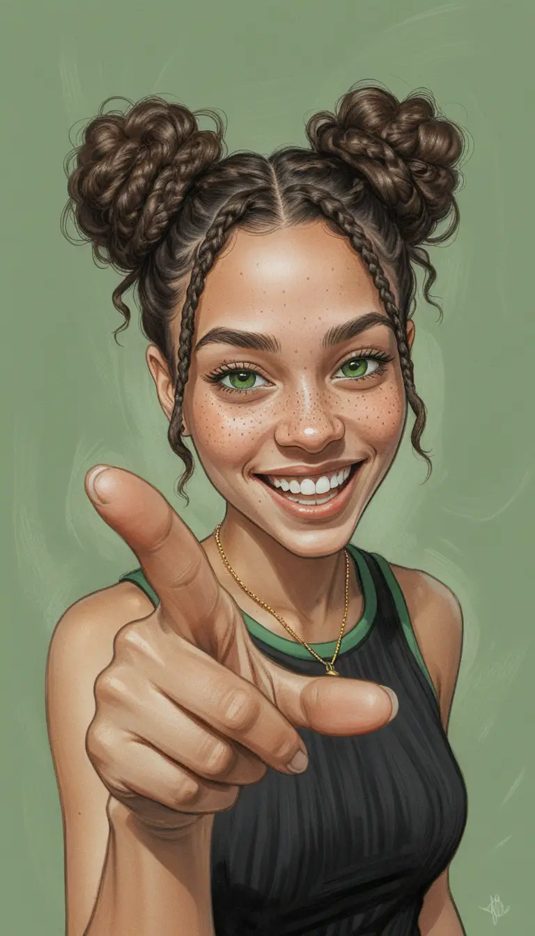Playful girl caricature pointing forward with bright green eyes