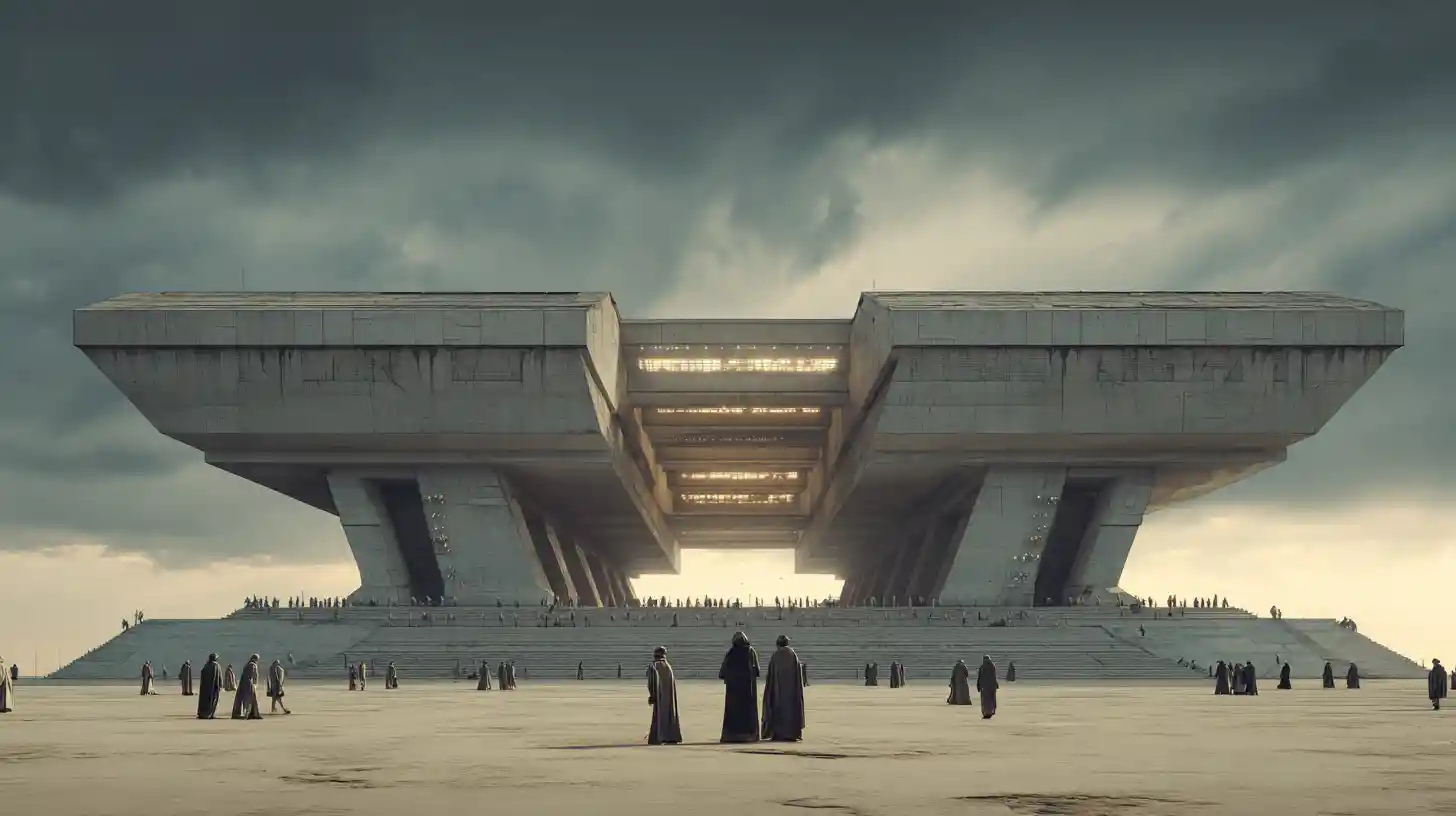 Infinito ejército futurista reunido en una arena brutalista