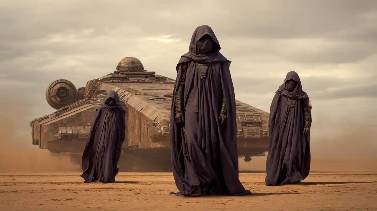Cinematic sci fi warrior in dark robes on alien world