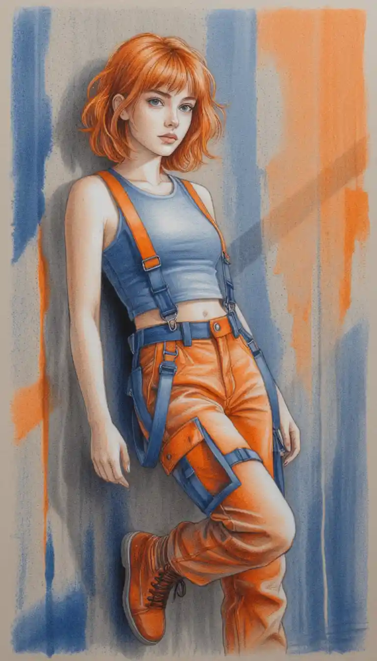 Donna in stile anime a figura intera contro un muro di cemento consumato