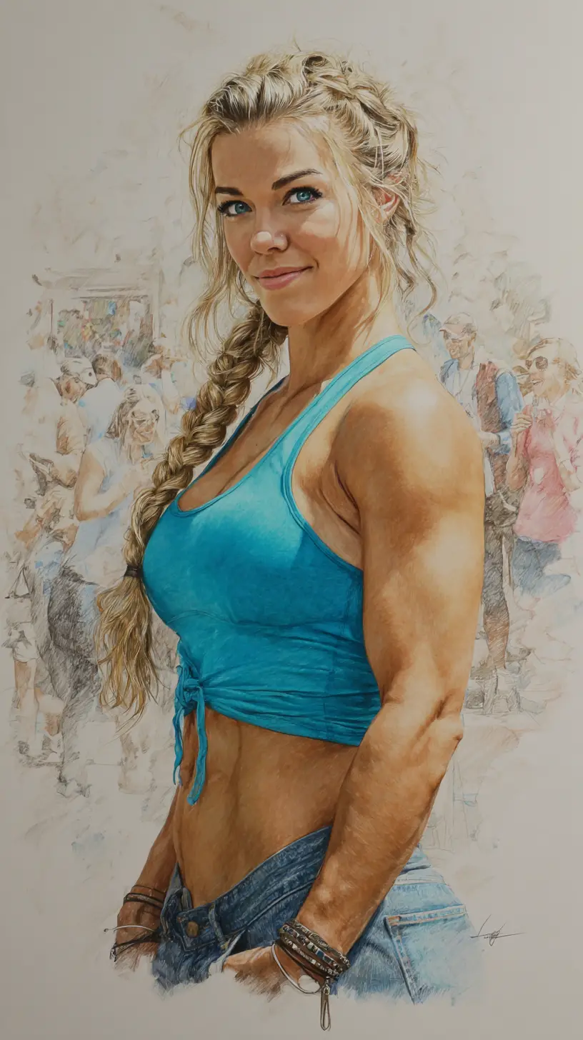 Athletic blonde woman in turquoise top full body portrait