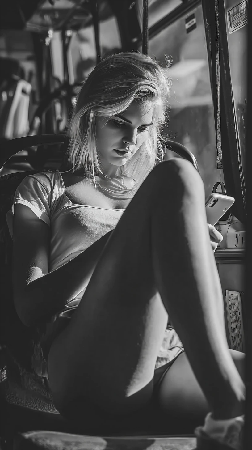 Giovane donna sull’autobus del mattino nella luce cinematografica