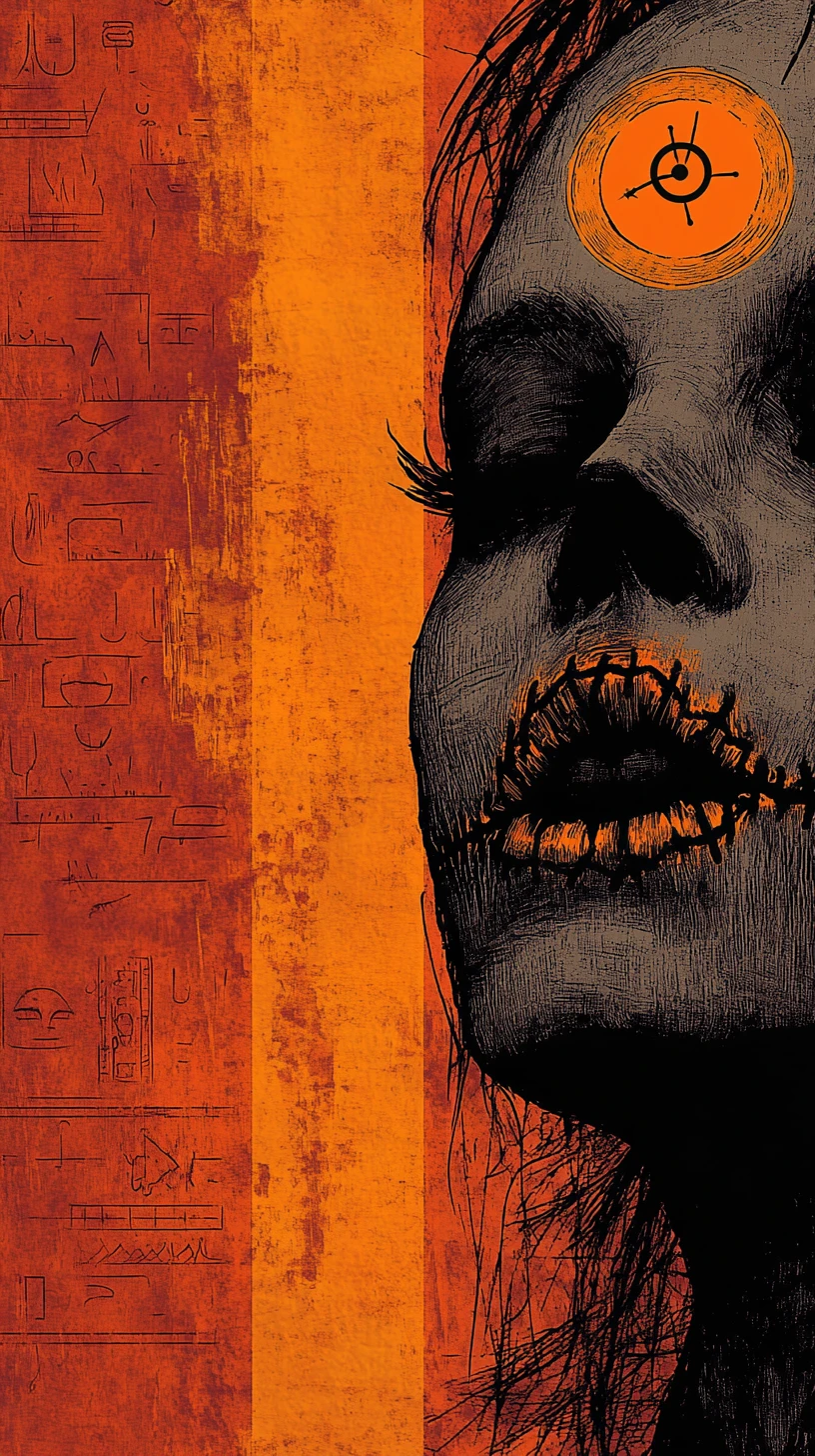 Macabre stitched mouth woman in high contrast woodcut style