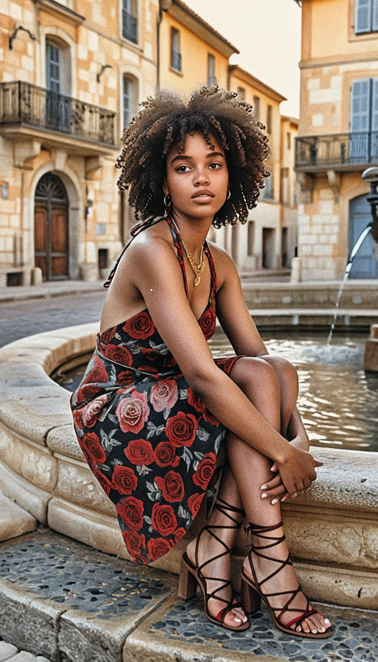 Confident woman in floral dress by stone fountain