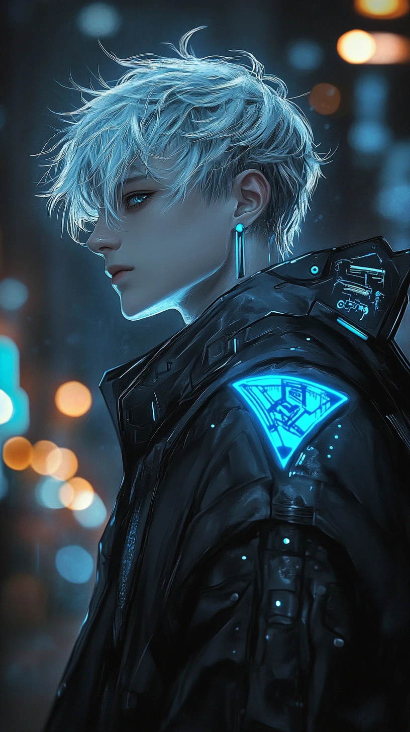 Pensive anime man in a neon lit futuristic city