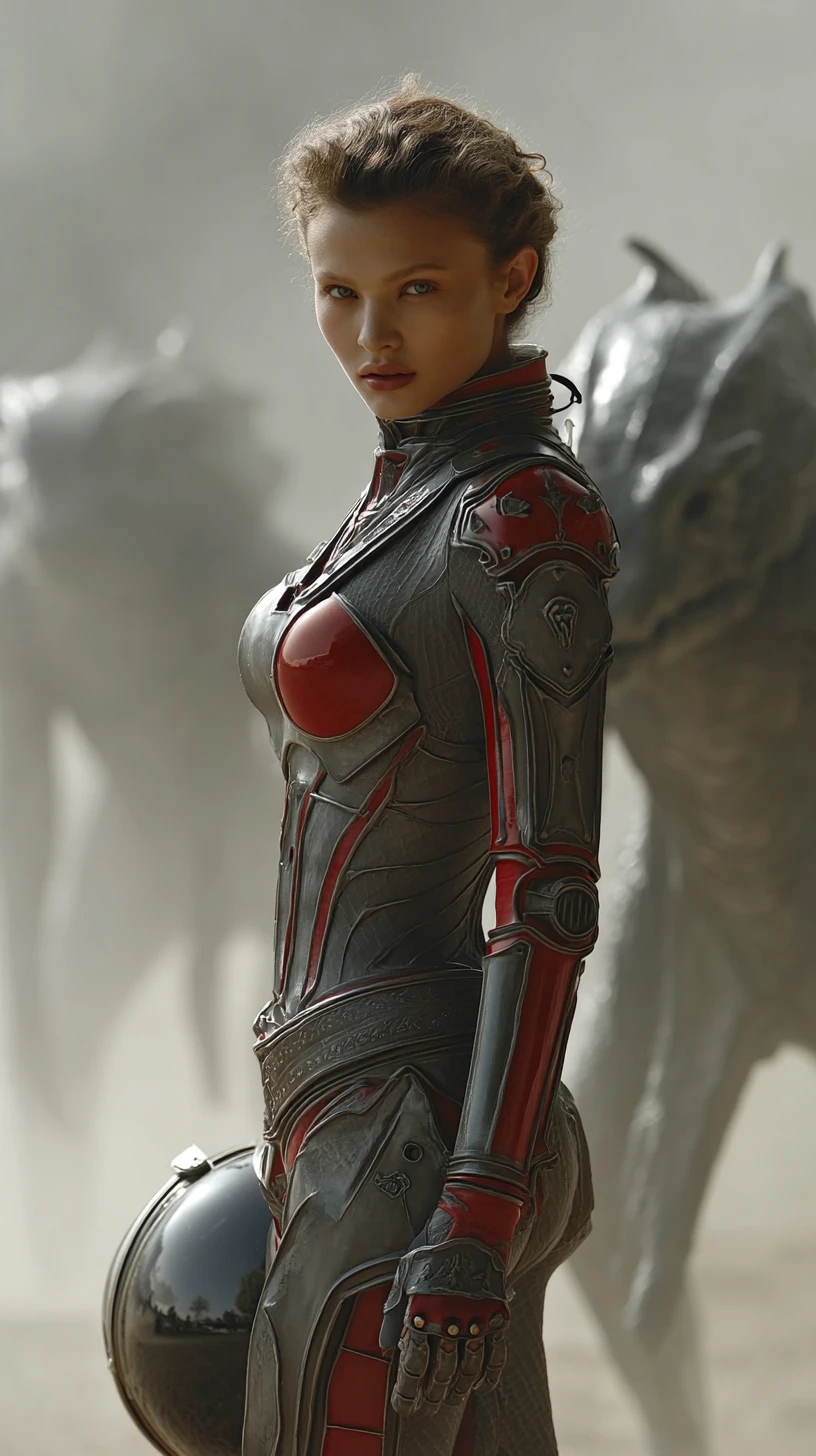 Female astronaut in black and red suit on alien world