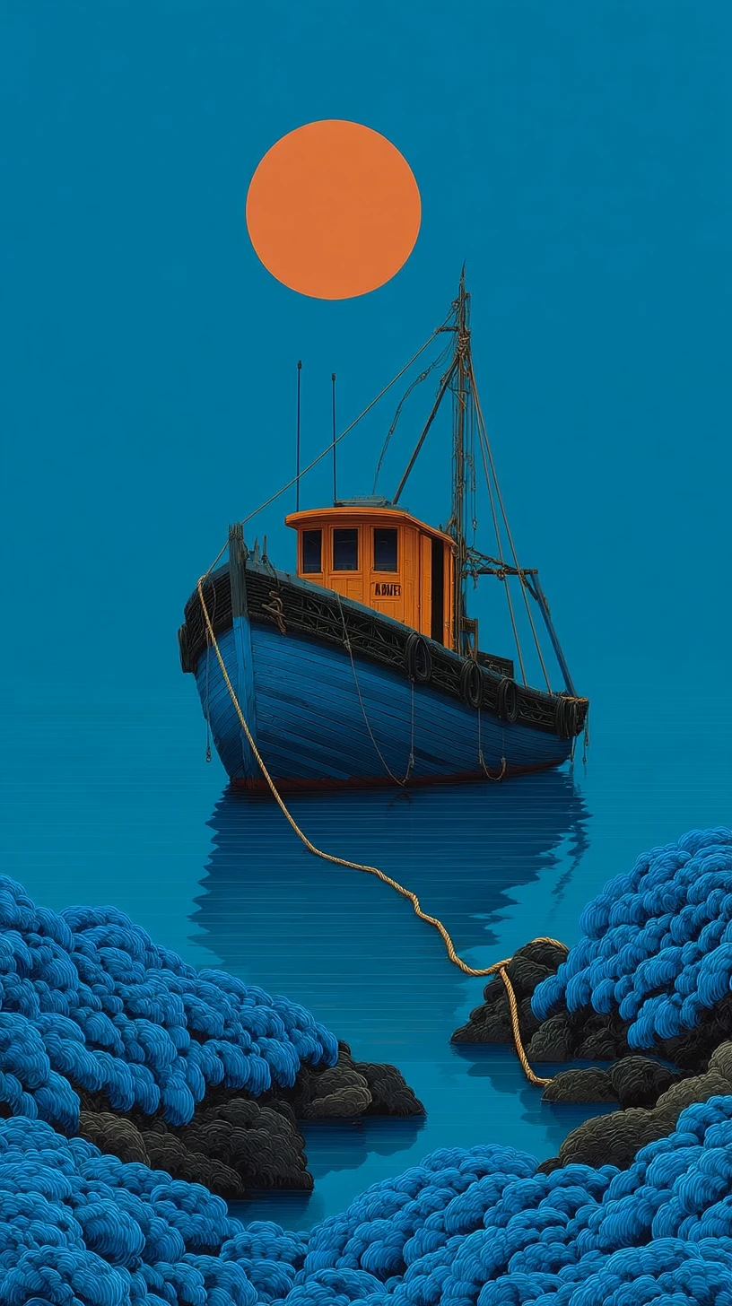 Luna blu sopra barca da pesca arancione in porto tranquillo