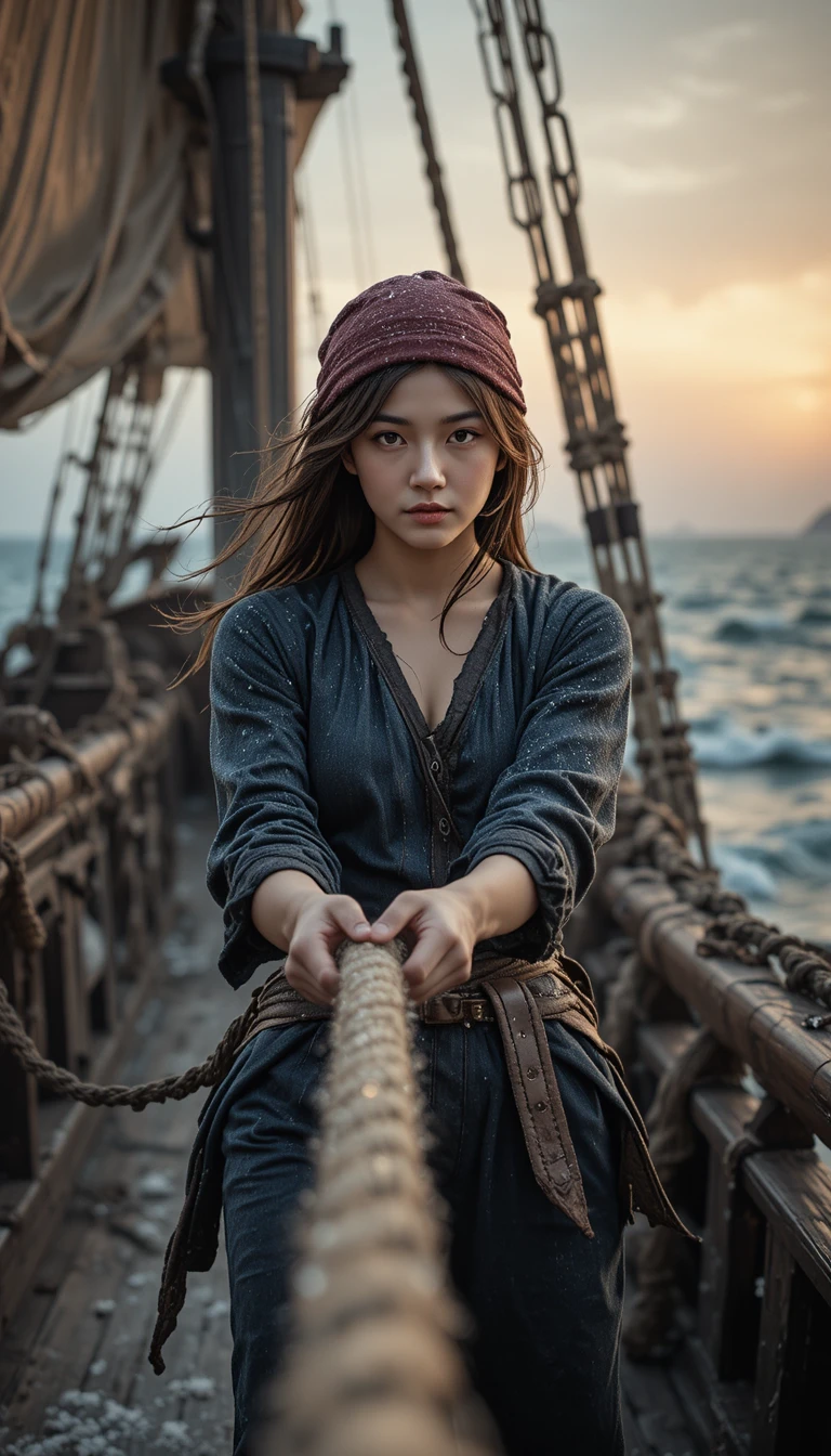 Young woman hauling rope on a stormy junk ship deck