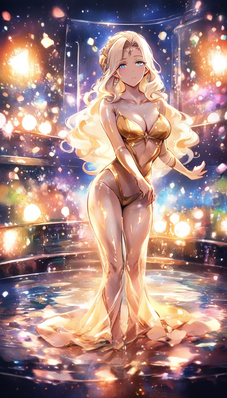 Exhausted anime princess dancing on a dimly lit stage