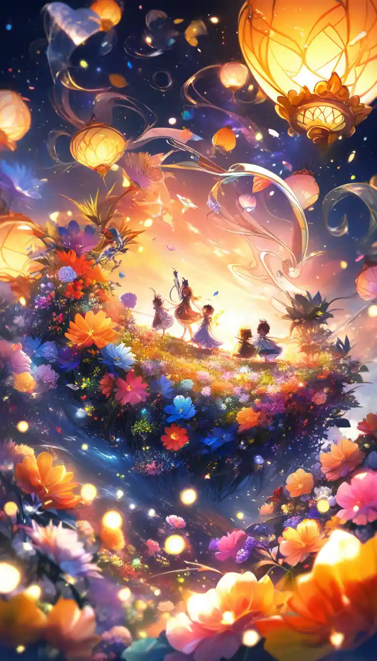 Fire and water couple in a magical sunset garden
