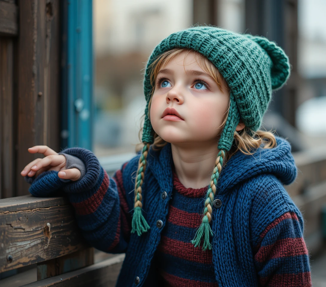 Playful young boy in green knit hat looking upward